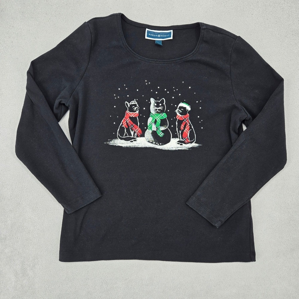 Karen Scott PL Long‎ Sleeve Cat Snowman Graphic Top Womens Holiday Festive Black